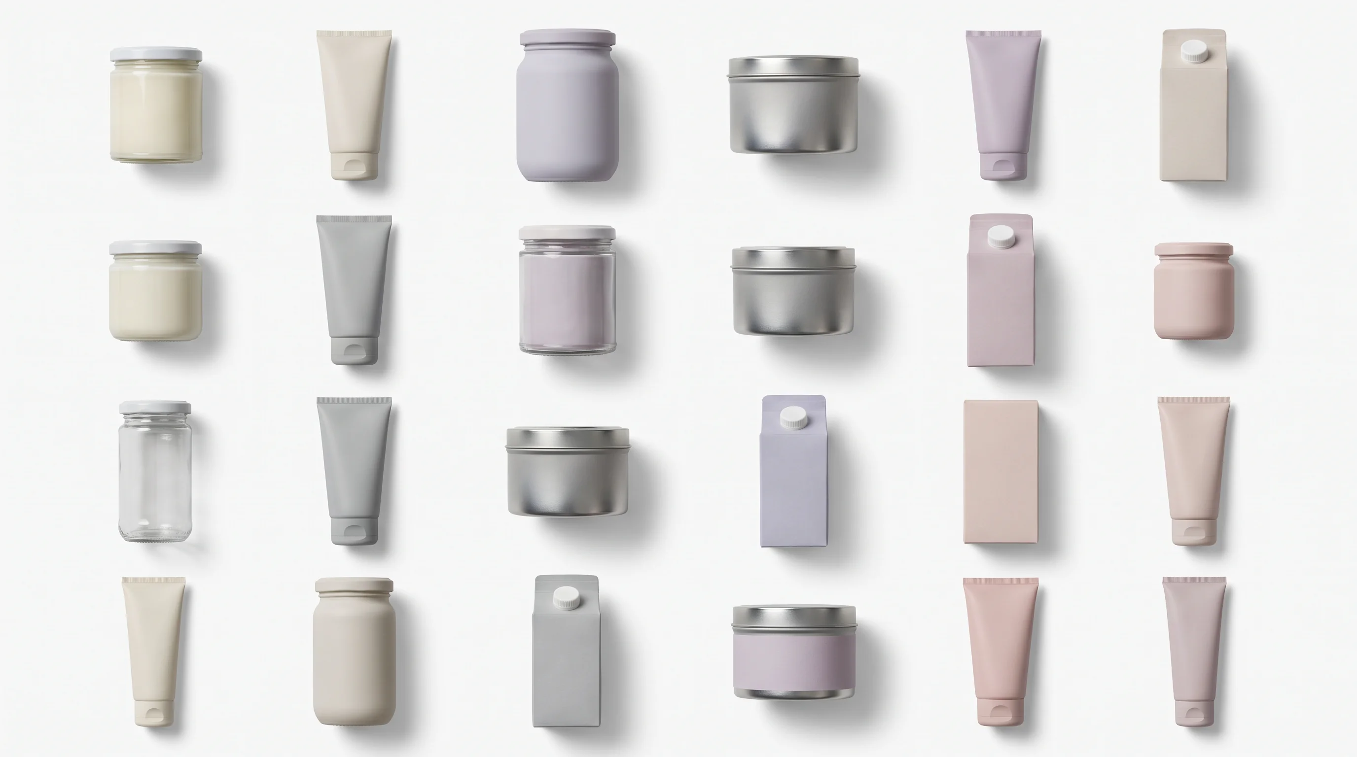 A wide grid of neutral jars, tubes, tins and cartons arranged on a pale shelf